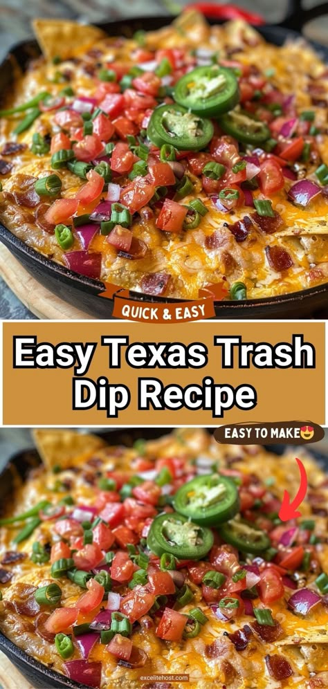 Texas Trash Dip How To Make Bean Dip, Things To Make With Refried Beans, Bean Dip Recipes Easy, Texas Trash Dip Recipe, Texas Trash Bean Dip, Baked Bean Dip, Trash Dip Recipe, Easy Tailgate Food, Texas Trash Dip