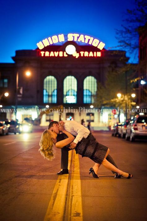 Engagement Photo in front of Union Station in Downtown Denver.  www.kelliephoto.com Denver Photoshoot, Downtown Denver Engagement Photos, Denver Union Station, Denver Engagement Photos, Union Station Denver, Station Photo, Adventure Engagement Photos, Downtown Denver, Colorado Travel