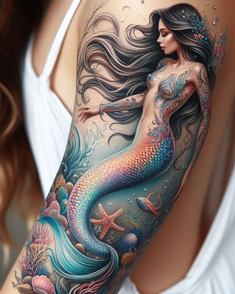 Mermaid Trident Tattoo, Undersea Tattoo, Underwater Tattoo Ideas, Fairy Tattoo Sleeve, Siren Mermaid Tattoos, Watercolor Mermaid Tattoo, Kingdom Tattoo, Siren Tattoos, Mermaid Tattoo Ideas