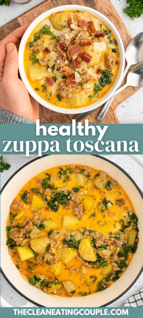 A Healthy Zuppa Toscana Soup that you'll absolutely love. Easy to make dairy free, this cozy soup is packed with flavor and so delicious! We include stovetop, crockpot or Instant pot directions for a soup that will be much better than Olive Garden! A better-than copycat Olive Garden Recipe your family will love!