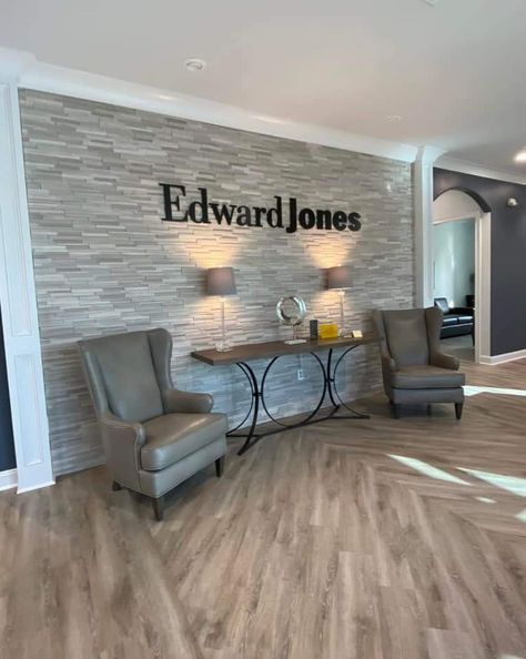 Business Foyer Decor, Small Business Lobby Design, Front Lobby Decor Reception Areas, Business Reception Area, Financial Advisor Office Decor, Small Office Lobby Design Waiting Area, Tax Office Decor Ideas, Edward Jones Office Decor, Office Lobby Reception Waiting Area