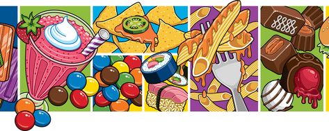 Ron magnes Food Mural Art, Graffiti Food, Food Mural, Ron Magnes, Pop Art Food, Mural Cafe, Mural Inspiration, Food Wall Art, School Murals