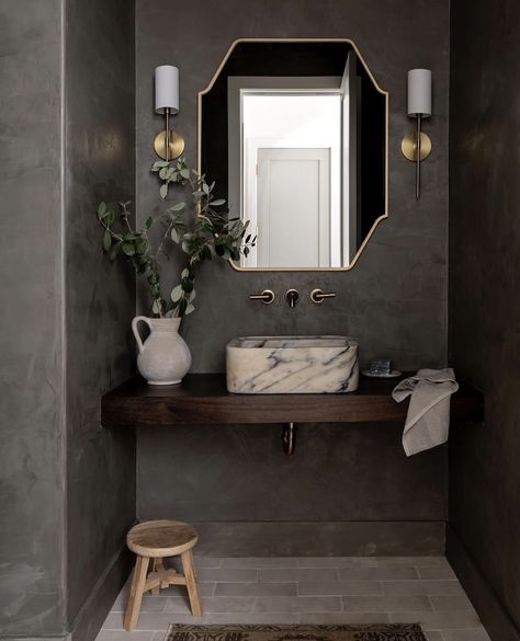 Powder Room Amber Interiors, Stone Sink Powder Room, Moody Powder Room Pedestal Sink, Powder Room Stone Sink, Design Board, Board Design, Interior Ideas, Glowing Skin, Beauty Tips