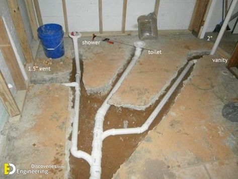 Underground Waste Plumbing Pipe Installation  | Engineering Discoveries House Drainage, House Drainage System, Basement Bathroom Plumbing, Basement Toilet, Plumbing Layout, Basement Bathroom Design, Toilet Drain, Shower Plumbing, Bathroom Plans