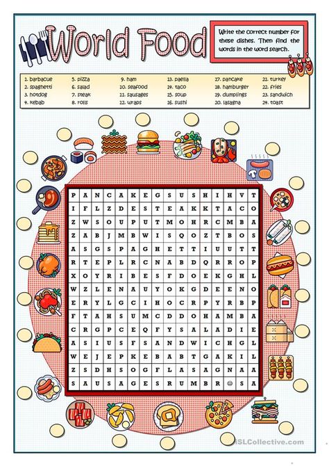 WORLD FOOD WORDSEARCH - English ESL Worksheets for distance learning and physical classrooms Food Around The World Worksheet, English Puzzles Worksheets, Food Crossword, Describing Food Worksheet, Cooking Vocabulary Worksheets, Food Worksheet, Esl Crossword Puzzles, Class 2023, Food Vocabulary