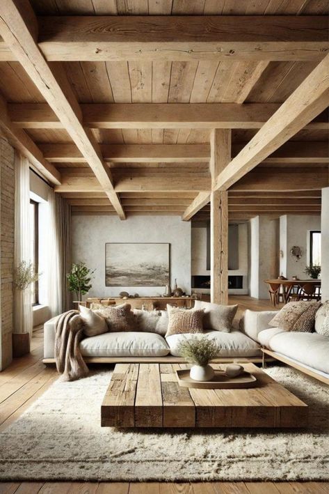 Wood House Living Room, Natural Wood Home Aesthetic, Rustic Beams Ceiling, Exposed Beams Living Room, Rustic Cottage Interiors, Rustic Living Rooms, Exposed Wood Beams, Organic Contemporary, Beams Living Room