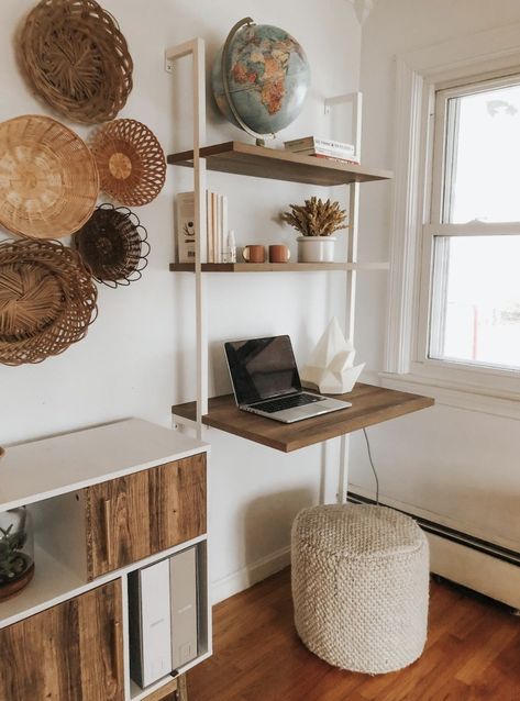 Or a wall-mounted desk that doubles as a bookshelf if space is so limited that your only option is vertical. Since it mounts to the wall, it'll be extra sturdy. Office Wall Shelf Ideas Desk Space, Apartment Desk, Small Room Desk, Desk Nook, Tiny Home Office, Desks For Small Spaces, Shelf Desk, Wall Mounted Desk, Desk In Living Room