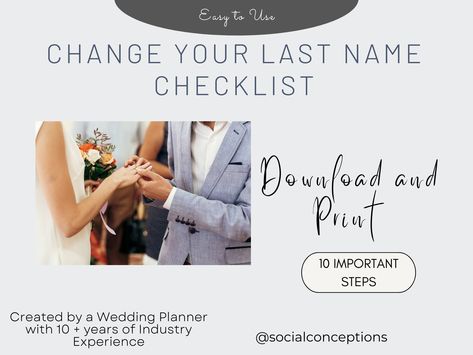 10 Steps to change your last name after a wedding checklist | Instant Download PDF Printable https://etsy.me/43veMnj #black #wedding #white #classic #pdfinstantdownload #changelastname #checklistname #lastnamechange #afterthewedding Change Last Name, Renewal Of Vows Ceremony, Changing Last Name, Changing Your Last Name, Vow Renewal Ceremony, Changing Your Name, Event Planning Business, Wedding White, Newly Married