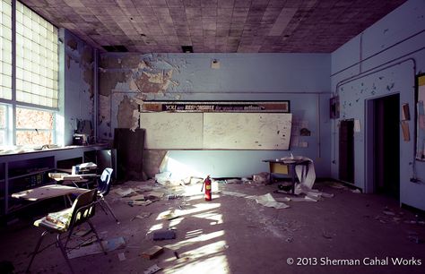 It's a creepy classroom. (Once again, NOT MINE; IT'S NO TRICK!) Creepy Classroom, Empty Classroom, Abandoned Places, Not Mine, Fireplace, Home Decor, Home Décor