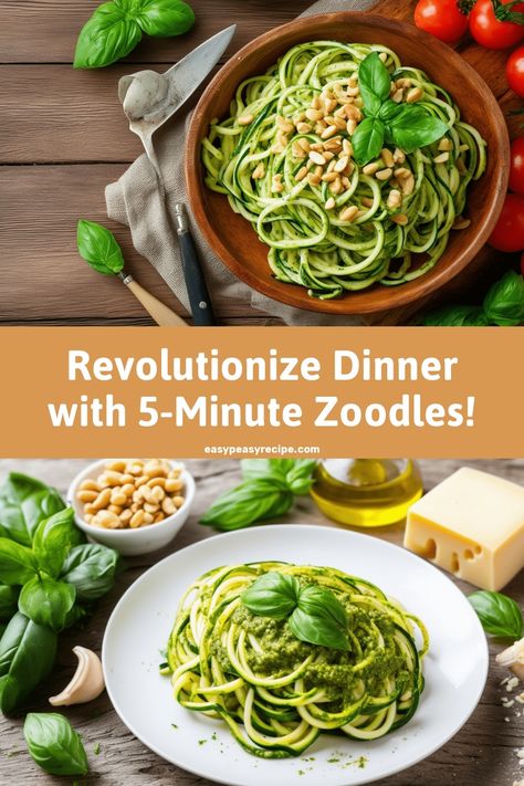 A delicious serving of zoodles topped with pesto and garnished with fresh basil and nuts, presented next to ingredients including cheese, basil leaves, and cherry tomatoes. Pesto Zoodles, Kids Veggies, Zucchini Soup Recipes, Homemade Pesto Sauce, Dinner Games, Easy Zucchini Recipes, Healthy Dinner Options, Zoodle Recipes, Hearty Casseroles