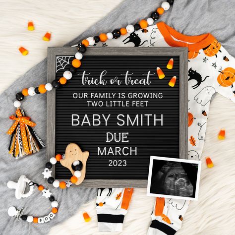 Exciting news! We're expecting! Share the joy with a customizable digital pregnancy announcement. Choose from a variety of beautiful designs and personalize with your own text. Perfect for sharing the news with loved ones near and far. Let's celebrate our little bundle of joy together! #pregnant #pregnantbelly #preggo #mommytobe Baby Due In October Announcement, Halloween Birth Announcement Ideas, October Due Date Announcement, Hocus Pocus Pregnancy Announcement, Spooky Pregnancy Announcement, Halloween Birth Announcement, October Baby Announcement, October Pregnancy Announcement, Halloween Baby Announcement