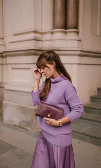 Purple sweater & satin skirt - monochrome outfit Purple Monochrome Outfit, Purple Satin Skirt, Satin Skirt Outfit Winter, Purple Sweater Outfit, Jenny Cipoletti, Satin Skirt Outfit, Winter Skirt Outfit, Monochrome Outfit, Purple Outfits