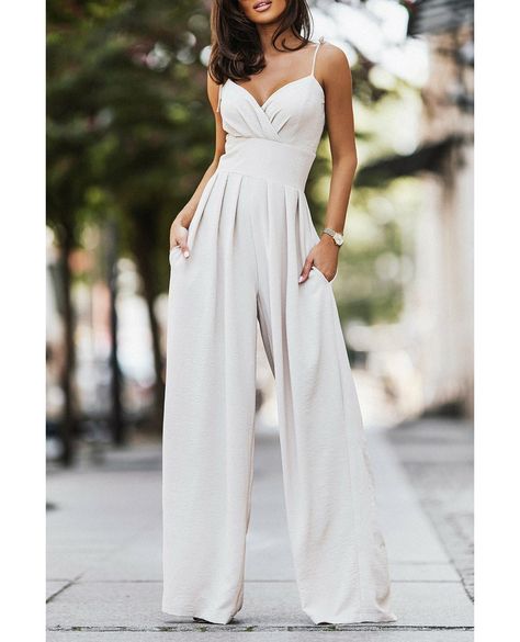 Beige Spaghetti Straps Pleated High Waist Wide Leg Jumpsuit #ClothingSale #WomensWardrobe #DesignerDeals #FashionistaFaves #FashionOnABudget #FashionableFinds #StylishSavings #OutletShopping #ChicDeals #ClearanceSale Beige Jumpsuit, High Waist Jumpsuit, Pleated Jumpsuit, Jumpsuit Outfits, Jumpsuit Chic, Strapless Jumpsuit, Wide Leg Jumpsuit, Waist Length, Jumpsuits For Women