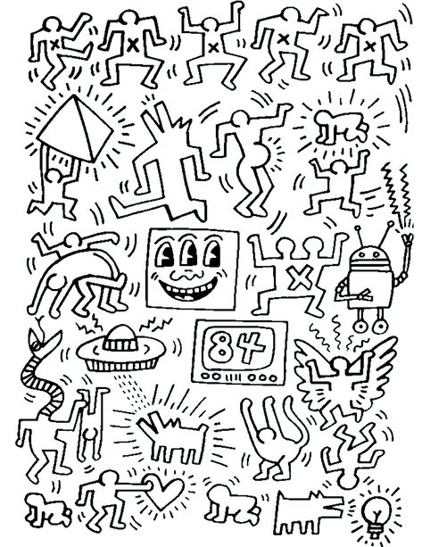 Coloring page created from a Keith Haring painting Keith Haring Art, Pop Art Coloring Pages, Haring Art, Handpoke Tattoo, Shepard Fairey, Soyut Sanat Tabloları, Wolfram, Flash Art, Keith Haring