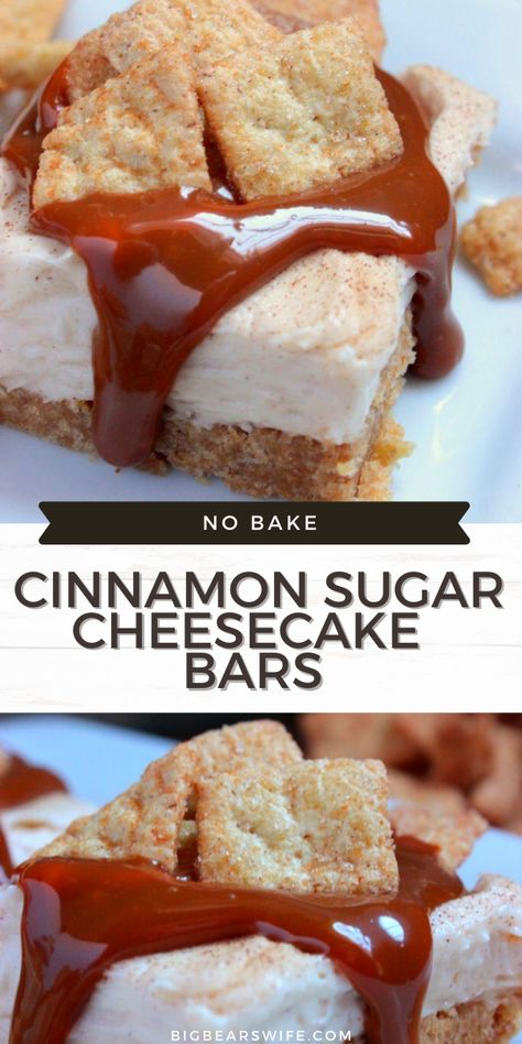 A smooth and creamy no bake cheesecake with a cinnamon sugar cereal crust!! These No Bake Cinnamon Sugar Cheesecake Bars are the best! Cinnamon Cheesecake, Bar Desserts, Easy No Bake Cheesecake, Bake Cheesecake, Cinnamon Flavor, No Bake Cheesecake, Cheesecake Bars, Best Dessert Recipes, Cinnamon Sugar