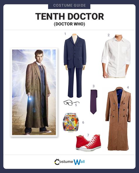 Find a complete guide of how to dress just like the Tenth Doctor from the hit BBC television show Doctor Who. Dr Who Outfits, 10th Doctor Costume, 10th Doctor Cosplay, Doctor Who Halloween Costumes, Doctor Who Halloween, Doctor Who Costume, Dr Who Costume, Doctor Who Outfits, Doctor Who Costumes