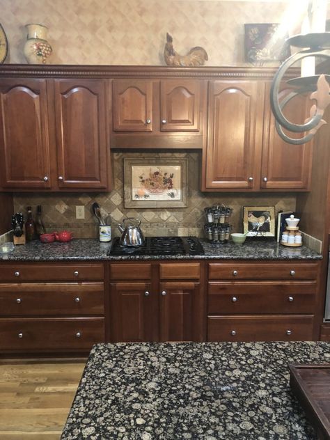 Traditional Kitchen Remodel- Bye Bye Cherry Cabinets - Bella Tucker Refinish Cherry Cabinets, Update 2000s Kitchen, Updated Traditional Kitchen, Mahogany Kitchen Cabinets, Cherry Wood Kitchen Cabinets, Mahogany Kitchen, Cherry Wood Kitchens, Old School Traditional, Traditional Kitchen Remodel