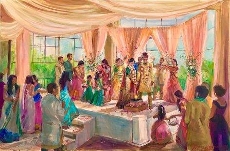 Wedding Art Painting, Wedding Watercolor Painting, Watercolor Indian, Modern Indian Wedding, Indian Marriage, Wedding Drawing, Wedding Canvas, Indian Wedding Couple, Wedding Painting