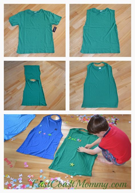 No-Sew Superhero Cape from a t-shirt. The post has a tutorial for toilet roll superhero cuffs too. Fun! Diy Superhero Cape, Superhero Camp, Superhero Vbs, Super Hero Day, Superhero Crafts, Superhero Classroom, Superhero Cape, Car Diy, Super Hero Theme