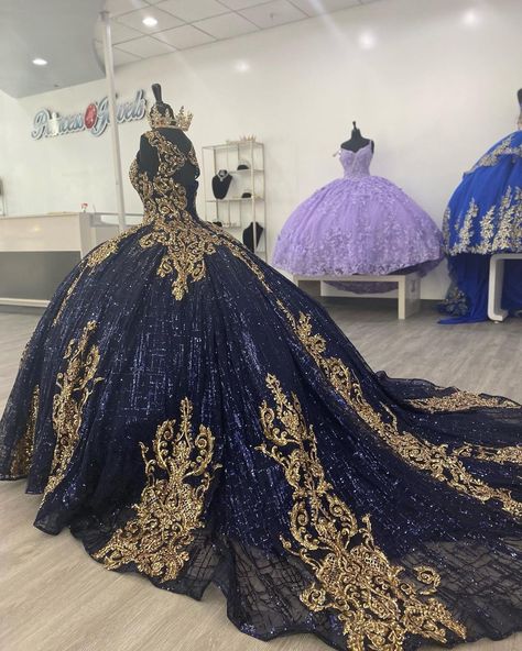 Navy Blue Quince, Dark Blue Quinceanera Dresses, Navy Blue Quinceanera Dresses, Blue Quince Dress, Long Sleeve Ball Gown Wedding Dress, Vestido Charro, Blue Sweet 16, Quinceanera Themes Dresses, Black Quinceanera Dresses