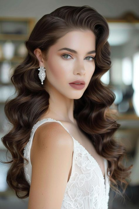 52+ Long Hair Wedding Styles That Radiate Romance Wedding Hair 50s Style, Old Hollywood Glam Curls, Wedding Hair Long Waves, Vintage Wedding Hairstyles For Long Hair, 1920 Long Hair, Wedding Hairstyles Volume, Bridal Hair Ideas Long Hairstyles, Vintage Wedding Hair Down, Loose Curls Long Hair Wedding