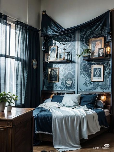 Ravenclaw Themed Bedroom, Ravenclaw Room Ideas Bedrooms, Ravenclaw Aesthetic Room, Ravenclaw Common Room Bedrooms, Ravenclaw Room Decor, Ravenclaw Bedroom Aesthetic, Ravenclaw Bedroom Ideas, Ravenclaw Room Ideas, Colourful Bedrooms