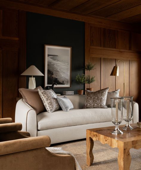 Shea McGee says this couch layout will make your space feel 'designer' | Luxury Small Living Room, Curved Boucle Sofa, Holiday Dining Room, Holiday Living Room, Linen Couch, Behind Couch, Mcgee & Co, Elegant Drapes, New Beds