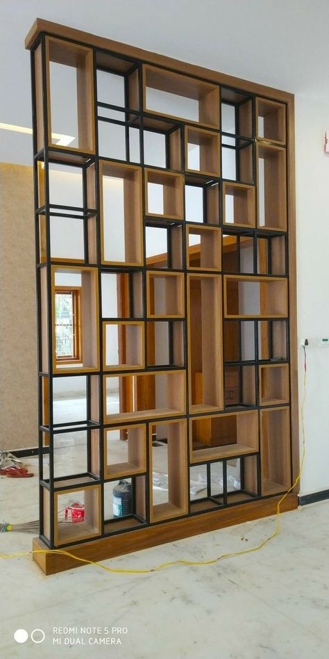 Partition wall decor Industrial Partition, Shelf Partition, Studio Apartment Room Divider, Wall Decor Living Room Modern, Modern Partition Walls, Wall Partition Design, Wall Partition, Modern Room Divider, Modern Living Room Wall