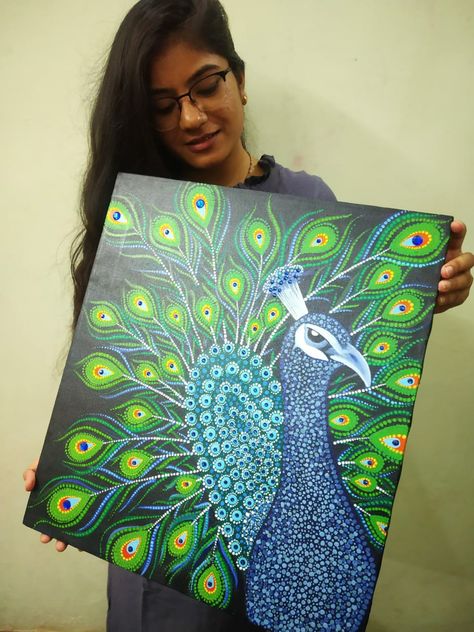 Follow for more such painting on Instagram as palak_malpani Painting Small Canvas, Peacock Painting, Dot Mandala, Small Canvas Art, Doodle Art Designs, Mandala Painting, Small Canvas, Canvas Paintings, Doodle Art