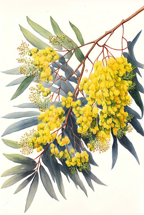 Wattle Australian Native Tree Flower Watercolour Painting 4. 9000 x 13500 Pixels High resolution print file. Prints up to 30 x 40 inches. PLEASE NOTE THIS PRODUCT IS FOR DIGITAL DOWNLOAD ONLY! NO PHYSICAL PRINTS WILL BE SHIPPED. Pod Creative artwork is for PERSONAL USE ONLY. DO NOT use our digital art files for reproduction or commercial use or resale in any form. © POD CREATIVE Wattle Tree Australia, Golden Wattle Illustration, Native Flowers Australia, Wattle Painting, Wattle Tree, Native Australian Flowers, Australian Wattle, Fairy Oc, Flower Watercolour