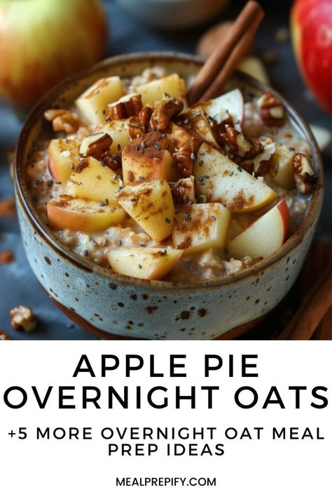 An apple pie overnight oat meal prep bowl topped with diced apples, cinnamon, and pecans for a cozy fall-inspired meal. Overnight Oats Meal Prep, Oats Meal Prep, Simple Overnight Oats, Oats Meal, Weekly Food Prep, Apple Pie Overnight Oats, Oat Meal, Kid Approved Meals, Pie Flavors