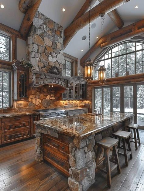 Rustic Kitchen Designs, Forest House Ideas, Casa Hobbit, Log Houses, Cabin Retreat, Stone Fireplaces, Barn Style House Plans, Dream Life House, Casas Coloniales