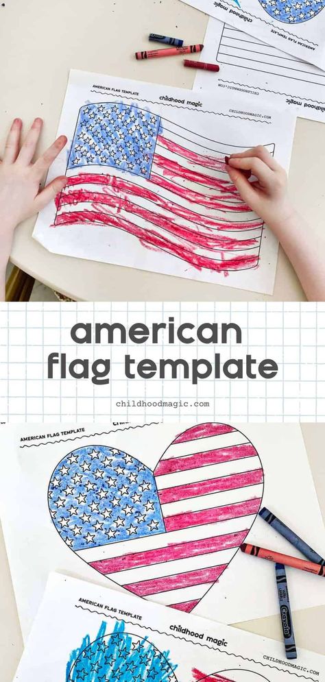 American Flag Printable - Free - Childhood Magic American Flag Projects, Paper To Print, Paper Rockets, Fingerprint Crafts, Flag Printable, Flag Crafts, Flag Template, Ribbon Garland, Festive Crafts