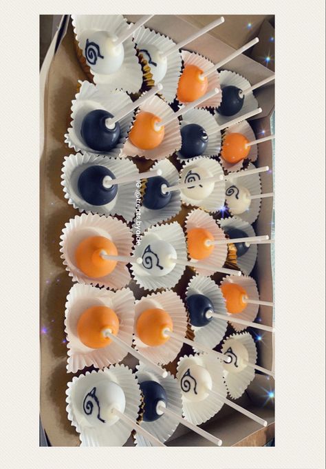 Naruto Cakepops, Naruto Party Food, Naruto Desserts, Naruto Party Favors, Anime Party Food, Naruto Food Ideas, Naruto Wedding Theme, Naruto Party Ideas Birthdays, Anime Birthday Party Ideas