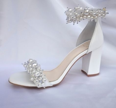 Bridal Shoes Block Heel, Wedding Sandals For Bride, Block Heels Wedding, Leather Wedding Shoes, Wedding Shoes For Bride, Pearl Wedding Shoes, Shoes For Bride, Ivory Wedding Shoes, Jeweled Shoes