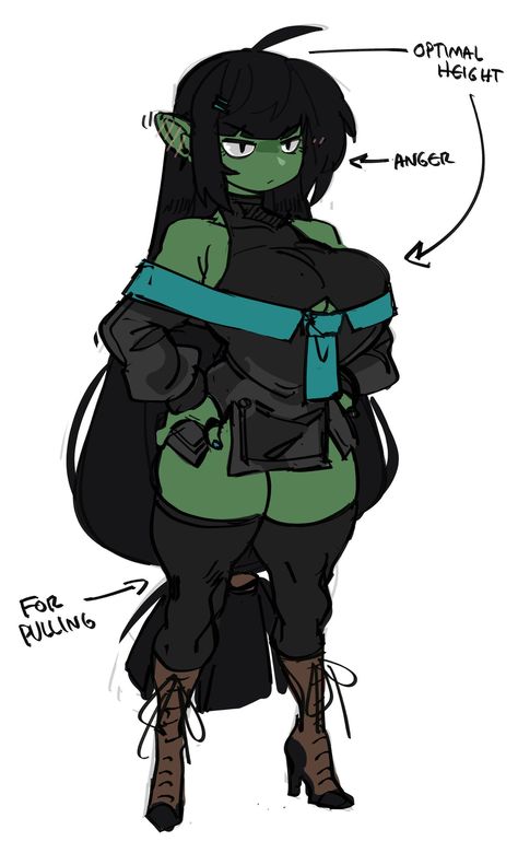 Goblin Girl, Text English, Goblin Art, Detached Sleeves, Female Monster, Monster Girl Encyclopedia, Arrow Symbol, Green Skin, Eyes Black