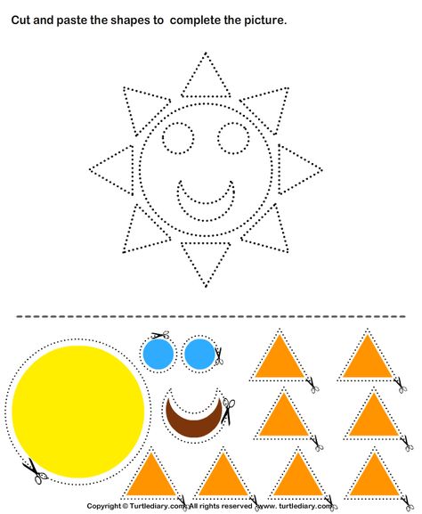 Cut and Paste Sun                                                                                                                                                                                 More Scissor Skills Preschool, Sun Crafts, Cut And Paste Worksheets, Desain Quilling, Shapes Preschool, Printable Preschool Worksheets, Shapes Worksheets, Learning Worksheets, Art Worksheets