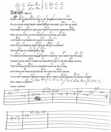 Sarah (Alex G) Guitar Chord Chart Mary By Alex G Guitar Chords, Alex G Guitar Chords, Mary Alex G Guitar Chords, Alex G Guitar, Sarah Alex G, Alex G Poster, G Guitar Chord, Electric Guitar Chords, Ukelele Chords Ukulele Songs