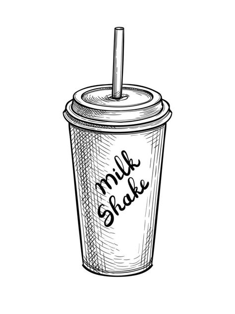 Milkshake in paper or plastic cup with lid and drinking straw. Ink sketch isolated on white background. Hand drawn text. Vector illustration. Retro style. Drink Sketch, Shake Cup, Pose Art, Ap Studio Art, Sketch Paper, Drinking Straw, Cup With Lid, Ink Sketch, Paper Straws