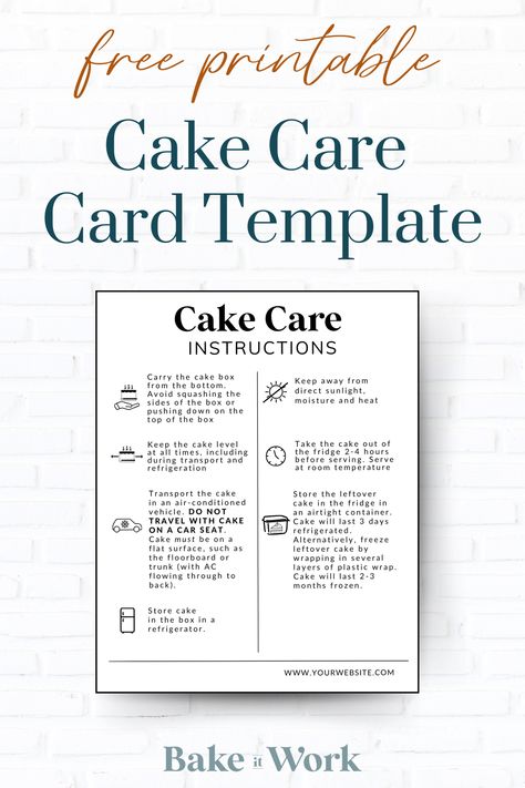 FREE Cake Care Card Template.  Choose a ready-to-print option OR a version that's fully editable inside of Canva!  Send your cake orders off with this care card attached to the box so customers will know how to transport, serve and store any cake leftovers.  Perfect for your bakery business! Cake Order Forms Printable Free, Cake Instructions Card, Cake Care Instructions Card Printable, Cake Care Instructions Card, Cake Care Card, Cake Styling, Decoration Hacks, Cake Business Cards, Styling Business