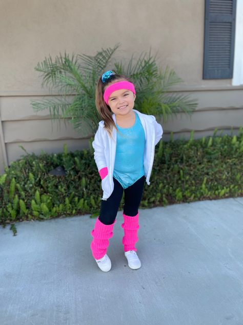 Workout Spirit Day Outfit, Kids 80’s Costume, 80s Fashion Kids Girls Outfit, Girls 80s Outfits Kids, Decades Day Spirit Week Kids, 80s Toddler Outfit Ideas, Kids Decade Day Outfits, Diy Decades Day Outfits, 80s Dress Up Day At School