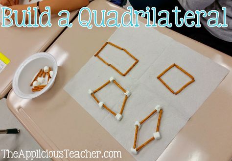 Using pretzels and mini marshmallows to build quadrilaterals. Great hands on way to explore in a not so primary classroom. Quadrilateral Activities, Quadrilaterals Activities, Nanny Ideas, Family Math Night, Math Night, Teaching Geometry, Upper Elementary Math, Fourth Grade Math, Math Instruction