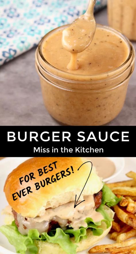 Best ever Burger Sauce will take your hamburgers to the next level of deliciousness! It's a kicked up version of the famous special sauce that we all love. Give it a try and you'll never eat another boring hamburger! Hamburger Sauce Ideas, Burger Secret Sauce, Special Sauce For Burgers, Smokehouse Ideas, Best Burger Sauce, Hamburger Sauce, Secret Sauce Recipe, Burger Sauces Recipe, Fried Chicken Strips