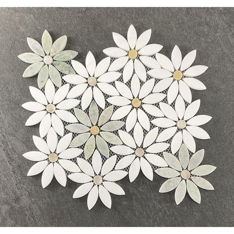 Natural Marble Daisy Flower Pattern Mosaic Wall & Floor Tile - 1 Case (10 Sheets) - Bed Bath & Beyond - 42204064 Daisy Tile Floor, Flower Backsplash Kitchen, Floral Kitchen Backsplash, Flower Tile Backsplash, Floral Backsplash, Daisy Tile, Boho Chic House, Bathroom Decor Aesthetic, Daisy Kitchen