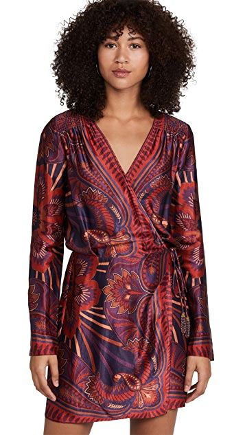 FARM Rio Macaw Arabesque Mini Dress | SHOPBOP Banana Dress, Red Sole, Charcuterie Boards, Farm Rio, Mini Wrap Dress, China Fashion, Arabesque, Brown And Grey, Paisley