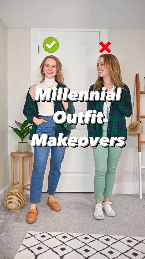 Sarah & Leah | Petite Twins on Instagram: "It’s time for a millennial outfit makeover! 🍁 Sharing an easy way to update this casual fall look to fit the latest fashion trends. All pieces on our LTK 🙂 let us know if you want to see more videos like this! . . . Outfit update, outfit makeover, fall outfit inspo, casual outfit inspiration . #casualoutfitideas #falloutfit #fashionupdate #millenial #fashiontips" Comfy Outfit For Work, Gen Z Fall Fashion 2023, Womens Plaid Shirt Outfit Fall, Millenial Style Outfit, Fall 2023 Midsize Outfits, Trendy Millennial Outfits, Millenial Outfits For Women Casual, Millenial Outfit Makeover, Millennial Fashion 2023