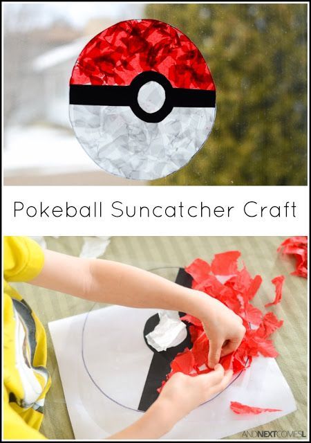 How to make a Pokeball suncatcher | Fun kids craft activity for a sunny day using tissue paper. Craft Suncatcher, Pokemon Room, Pokemon Halloween, Pokemon Diy, Pokemon Craft, Pokemon Birthday Party, Suncatcher Craft, Pokemon Theme, Pokemon Party