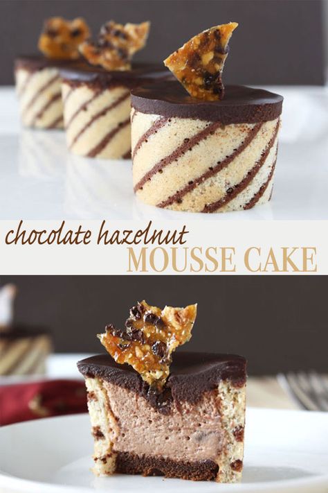 These beautiful chocolate hazelnut mousse cakes or entremet are both pretty and delicious. You can't go wrong with the combination of chocolate and hazelnut. Mousse Entremet, Hazelnut Mousse, Fancy Desserts Recipes, Mousse Cakes, Cake Wraps, Beautiful Chocolate, Elegant Desserts, Desserts For A Crowd, Fancy Desserts