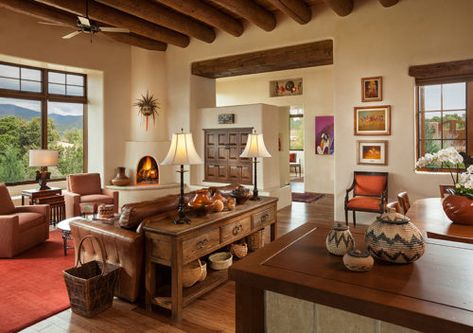 Pueblo Revival Interior, Southwestern Living Room Decor, Southwest Interior Design, Southwest Living Room, Southwest Interior, Southwestern Living Room, Pueblo Revival, Plastered Walls, Quaking Aspen