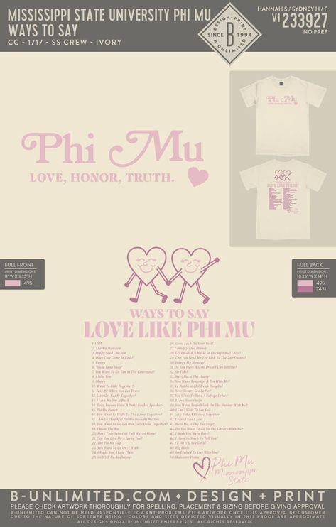 Sorority Merch Ideas, Phi Mu Shirts, Sorority Photoshoot, Sorority Poses, Spring Recruitment, Ways To Say Said, Sorority Sisterhood, Family Style Dinner, Sorority Events